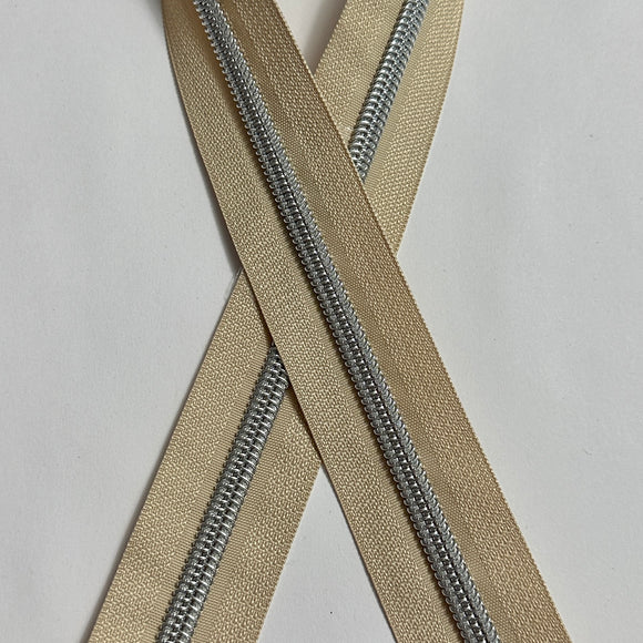 Sand w/ silver coil - 3 yards - Zipper Tape