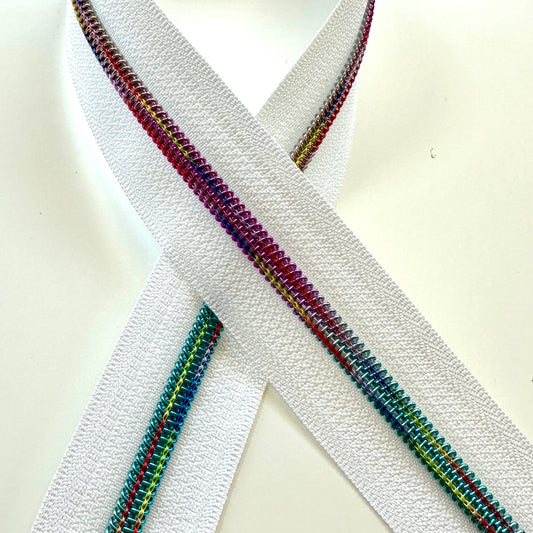White w/ Double Rainbow coil - 3 yards - Zipper Tape