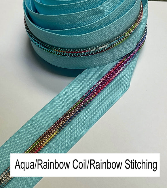 Aqua tape w/ rainbow coil/rainbow stitching - 3 yards - Zipper Tape