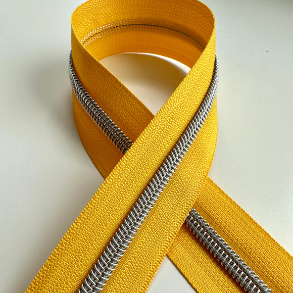 Sunflower Yellow w/ silver coil - 3 yards - Zipper Tape